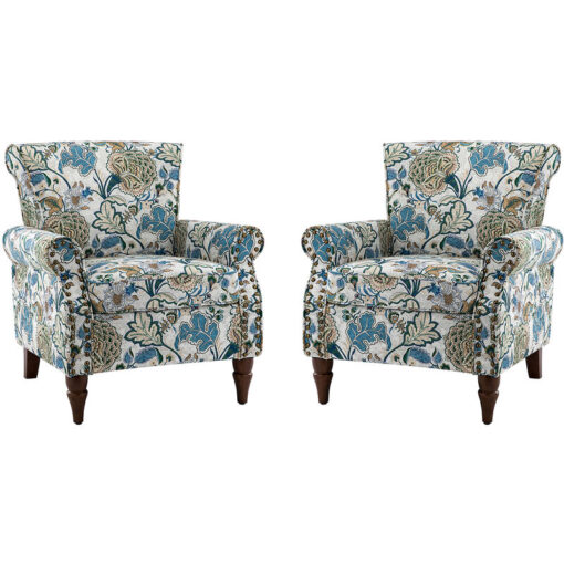 Set of 2 Modern Wingback Armchair Floral Pattern Single Sofa Chair with Wood Legs and Removable Cushion for Living Room Bedroom, Green