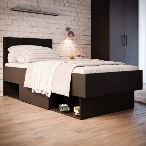 Single Bed with Storage Drawer and Open Compartments, Black, 95,2 cm W x 96,4 cm H x 209,5 cm D