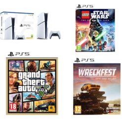 Sony PlayStation 5 (Model Group - Slim), Wreckfest, LEGO Star Wars: The Skywalker Saga & Grand Theft Auto V Bundle, White