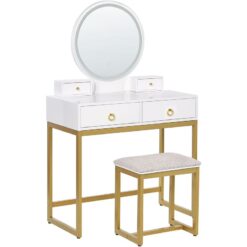 Stylish Ornamental 4-Drawer Glam Dressing Table led Mirror White and Gold Auxon