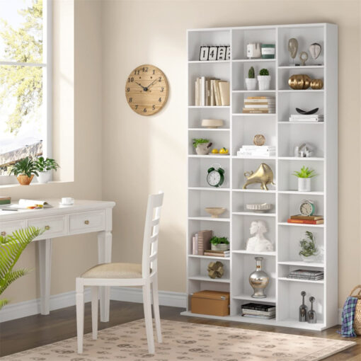 Tall Bookcase CD DVD Storage Unit Tower Wooden Display Rack With Adjustble Shelves 27 Storage Compartments White Bookshelf 102.5X23.5X190cm