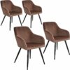 Tectake - Chair Marilyn Set of 4 - with armrests, padded, velvet look, black steel legs - brown/black