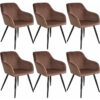 Tectake - Chair Marilyn Set of 6 - with armrests, padded, velvet look, black steel legs - brown/black