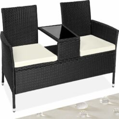 Tectake - Garden Bench Narbonne - 2-seater with table, UV-resistant polyrattan - love seat, patio set, garden set - black/beige