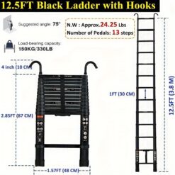 Telescopic Ladder Aluminum Telescoping Ladder With Non-slip Feet, Extension Straight Ladder With 2 Hook, Max 150kg/330lbs, En131, Black