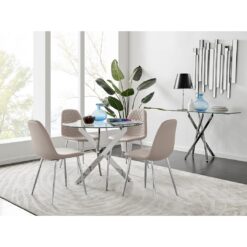 Tierra Modern Chrome Metal & Glass Round Dining Table Set with 4 Luxury Faux Leather Chairs