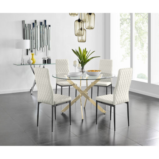 Tierra Modern Chrome Metal & Glass Round Dining Table Set with 4 Quilted Velvet Chairs