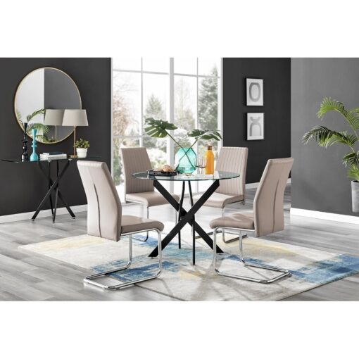 Tierra Modern Chrome Metal & Glass Round Dining Table Set with 4 Upholstered Faux Leather Chairs