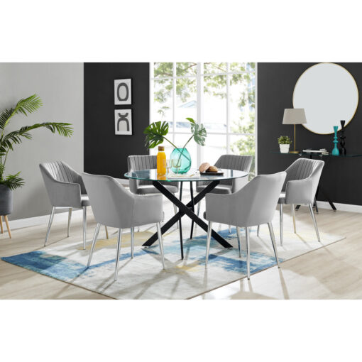 Tierra Modern Chrome Metal & Glass Round Dining Table Set with 6 Luxury Button Velvet Chairs