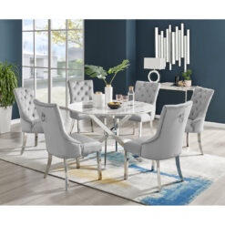 Tierra Modern Chrome Metal & Glass Round Dining Table Set with 6 Luxury Button Velvet Chairs