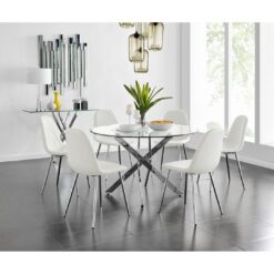 Tierra Modern Chrome Metal & Glass Round Dining Table Set with 6 Luxury Faux Leather Chairs