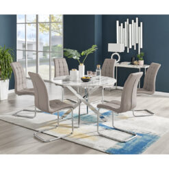 Tierra Modern Chrome Metal & Glass Round Dining Table Set with 6 Modern Faux Leather Chairs