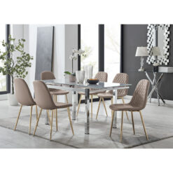 Tierra Modern Glass & Metal Extendable Dining Table Set & 6 Luxury Faux Leather Dining Chairs