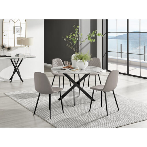 Tierra Modern Metal & Glass Round Dining Table Set with 4 Luxury Dining Chairs