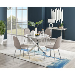 Tierra Modern Metal & Glass Round Dining Table Set with 4 Luxury Faux Leather Chairs