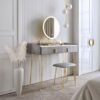 Tokyo Glow Velvet Dressing Table with led Touch Sensor Round Mirror Makeup Vanity Table with Storage Drawers Stool Set Bedroom Furniture Dove Grey