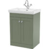 Traditional Floor Standing 2 Door Vanity Unit with 1 Tap Hole Fireclay Basin, 600mm - Satin Green