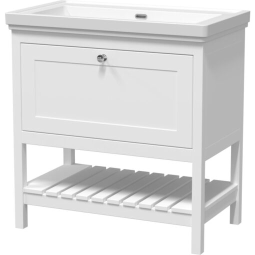 Traditional Furniture Floor Standing 1 Drawer Vanity & 0 Tap Hole Fireclay Basin, 800mm, Pure White