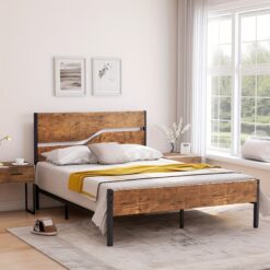 Vecelo Bed Frame With Headboard And Footboard, With Under Bed Storage, All-metal Support System, No Box Spring Needed, Easy Assembly, Rustic