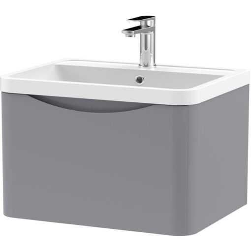 Wall Hung 1 Drawer Vanity Basin Unit with Polymarble Basin, 600mm - Satin Grey