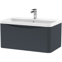 Wall Hung 1 Drawer Vanity Basin Unit with Polymarble Basin, 800mm - Soft Black