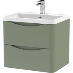 Wall Hung 2 Drawer Vanity Basin Unit with Polymarble Basin, 600mm - Satin Green