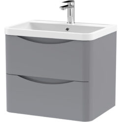 Wall Hung 2 Drawer Vanity Basin Unit with Polymarble Basin, 600mm - Satin Grey