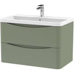 Wall Hung 2 Drawer Vanity Basin Unit with Polymarble Basin, 800mm - Satin Green