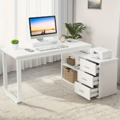 White L Shaped Desk With Drawers, Reversible Computer Desk White Desk, Home Office Desk With Storage Shelves, Home Office Desk With Monitor Stand &