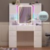 White Makeup Vanity Desk With Mirror And Lights, Vanity Table Dressing Table With Charging Station&time Display&drawers