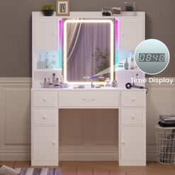 White Makeup Vanity Desk With Mirror And Lights, Vanity Table Dressing Table With Charging Station&time Display&drawers