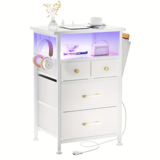 White Nightstand With Charging Station, Led , Bedside Table With 4 Drawers & Storage Shelf For Bedroom Dorm Small Space, , White