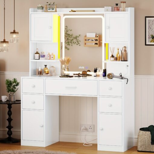 White Vanity Desk With Mirror And Lights, Makeup Vanity With Lights And Charging Station, Vanity Table With With Time Display, 5 Drawers