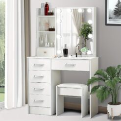 White Vanity Desk With Sliding Mirror And Lights, Dressing Table With 10 Led Mirror Drawers Vanity Table Makeup Desk Stool Set