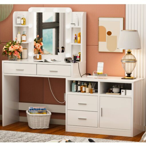 White Vanity Mirror With Lights, Power Outlet Makeup Vanity Table And 10 Lights, Vanity Set With 6 Drawers & Storage Shelves And Cabinet, 3 Model