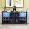 Wine Bar Cabinet For Liquor And Glass With Storage & LED Lights, Rustic Metal Wood Wine Rack Buffet Cabinet, Industrial Coffee Bar Cabinet For Living