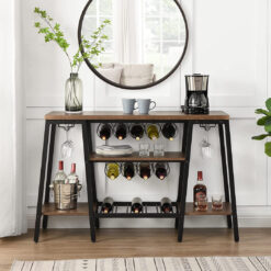 Wine Rack Table With Glass Holder, Wine Bar Cabinet Liquor Buffet, Freestanding Wine Rack For Home Bar(Brown)