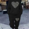 Women's Casual Heart Print Sweatshirt & Joggers Set - Cozy Knit, Machine Washable, Polyester