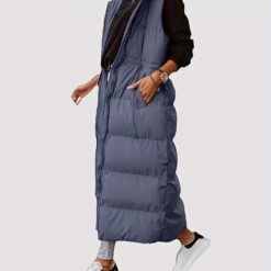 Women's Long Quilted Hooded Length Sleeveless Padded Outerwear