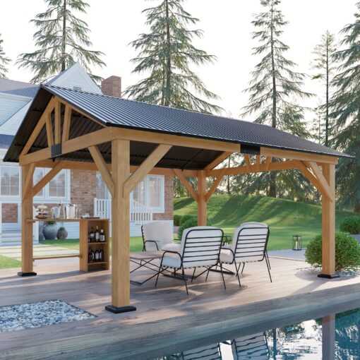 Wood Gazebo With Built-in Bar Design, Gazebo With Metal Steel Gable Roof, Outdoor Gazebo With Guest House For Garden, Patio, Porch