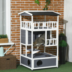 Wooden Outdoor Cat House 3-tier For Winter Kitten Shelter W/ Tilted Roof Bottom Tray Elevated Base Waterproof Paint