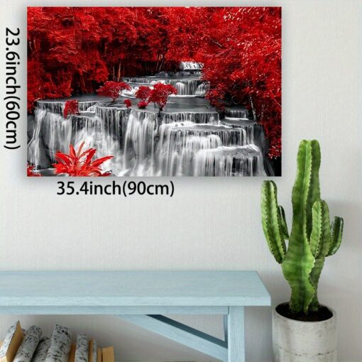 Wooden Red Waterfall Canvas Painting (1)thickness 2.25cm/ 0.9inch, High Quality Wall Art Prints Poster, Direct Hanging Wall Picture, Decor For Home