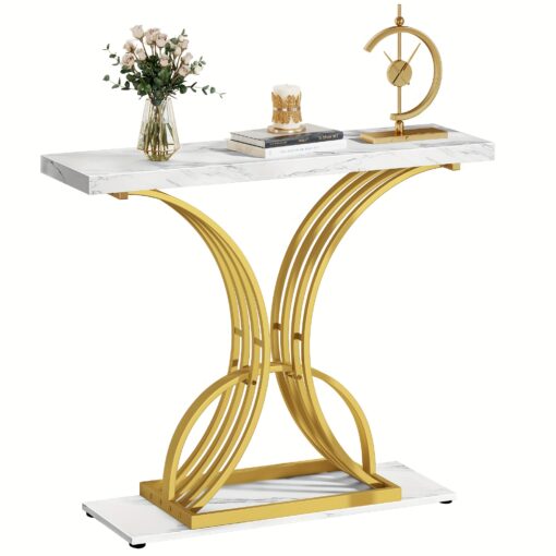 Xelsyo Dextrus 39" Console End Table With Faux Marble Top, Side Table For Living Room, Entryway, Golden