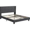 Yaheetech Upholstered Bed Frame with Wing Side Platform Bed,150 cm W x 200 cm L, Dark Gray