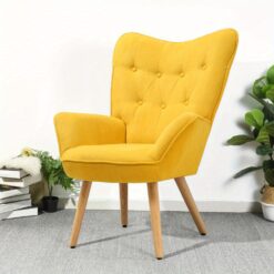 Yellow Linen Upholstered Single Sofa Lounge Armchair Occasional Accent Chair Wooden Legs Buttoned High Backrest