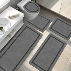 Yihouse Bathroom Mat Set Quick Dry- 5 Piece Water Absorbent Thin Bathroom Rugs Fit Under Door, Washable Non Slip Bath Mats For Bathroom, Dark Grey