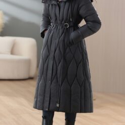 Zip-up Hoodie Longline Quilted Puffy Coat, Elegant Long Sleeve Belted Insulated Coat For Winter, Women's Clothing