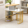 3 Piece Dining Table Set, Wooden Kitchen Table And 2 Upholstered Stools With 2 Tiers Of Open Shelves And Faux Marble Top