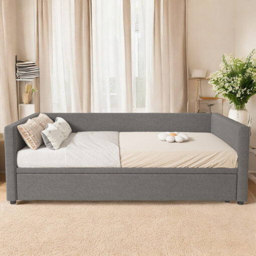 3FT Single Bed 90X190cm Grey Linen Upholstered Bed, Can Be Joined Into A Double Bed