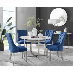 Adler Modern High Gloss Round Dining Table Set with Shelf & 4 Luxury Button Velvet Dining Chairs